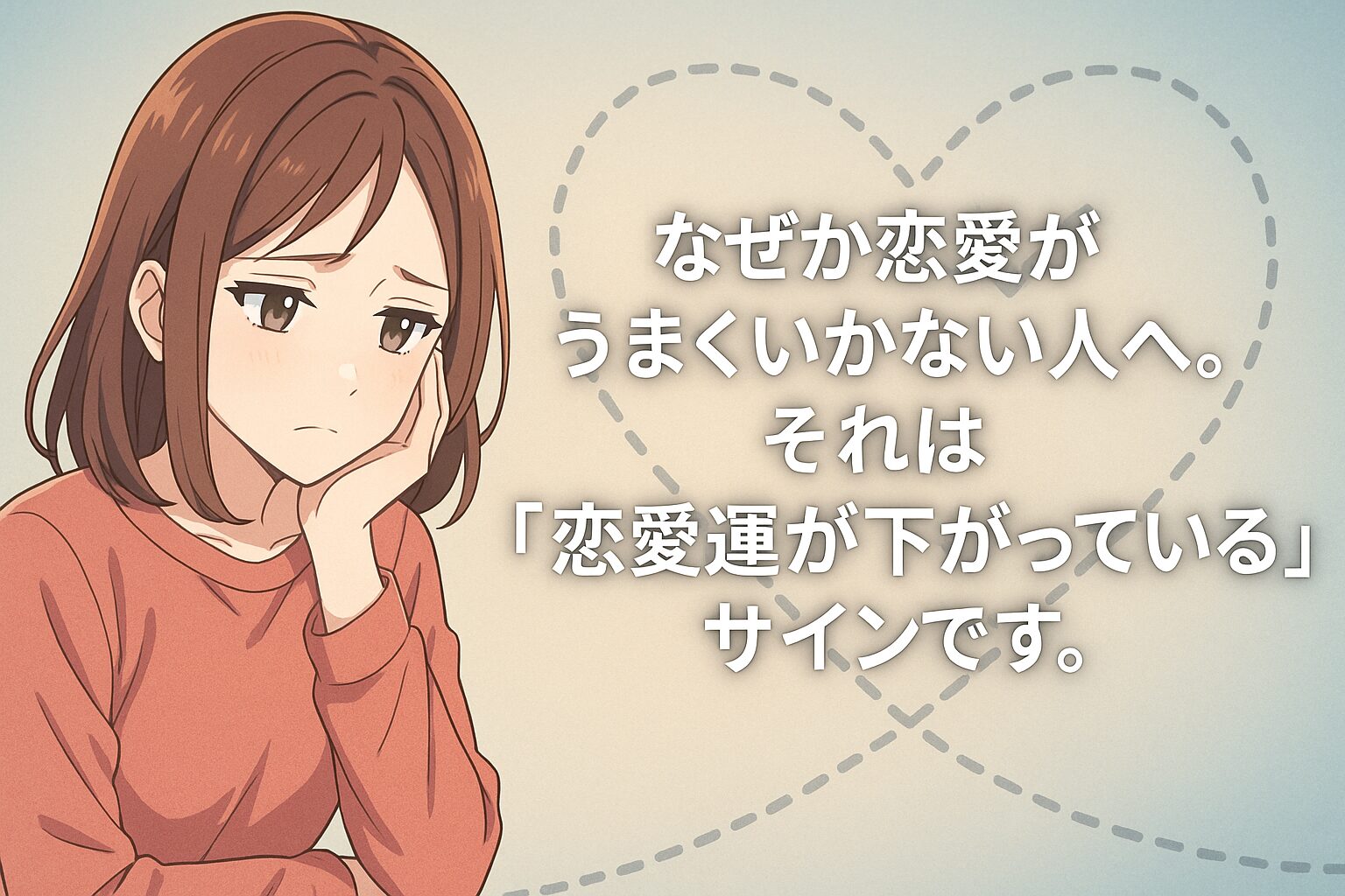 頬杖をつきながら考え込む表情の女性が描かれたアニメ風イラスト。背景には淡いハートの線が描かれ、横に『なぜか恋愛がうまくいかない人へ。それは「恋愛運が下がっている」サインです。』というテキストが配置されている。