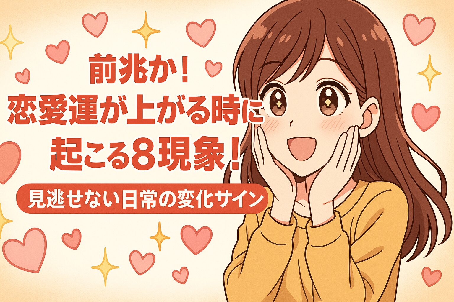 明るい黄色の背景に、ピンクのハートや黄色のキラキラした星が散りばめられ、右側に笑顔の茶髪の女性が両手で頬に触れているイラスト。左側には白抜きの文字で縦書きに「前兆か！？」、少し小さめのピンクの文字で「恋愛運が上がる時に」、赤い感嘆符付きの大きな文字で「起こる8現象！」。下部には黄色い背景に黒文字で「見逃せない日常の変化サイン」と書かれた帯状のデザイン。全体的に恋愛やポジティブな雰囲気を表現したイラスト。