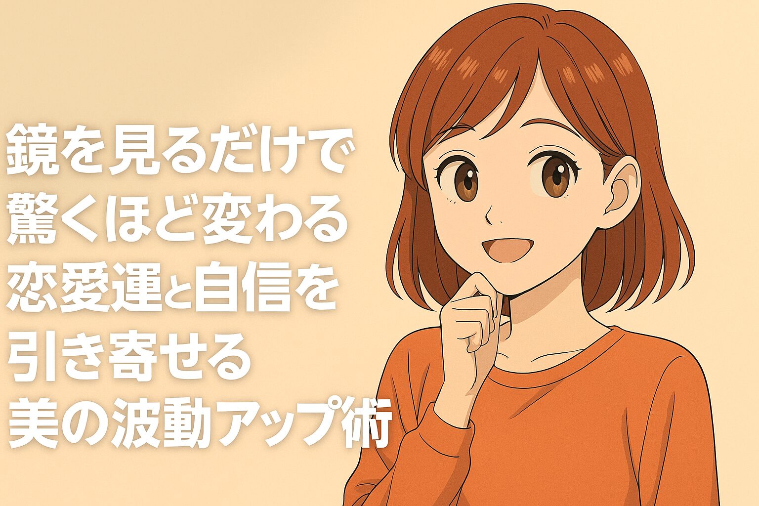 鏡を見るだけで驚くほど変わる恋愛運と自信を引き寄せる美の波動アップ術」というキャッチコピーと、笑顔で前向きな表情の女性のイラスト。ポジティブで明るい印象の構図