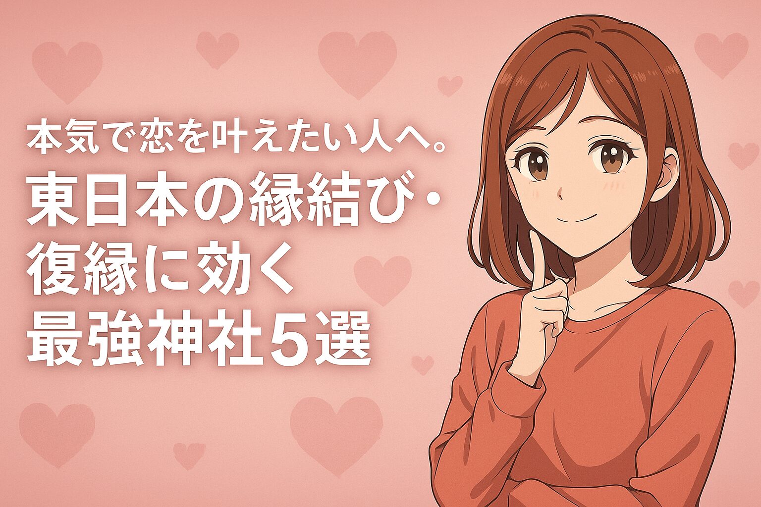 本気で恋を叶えたい人へ。東日本の縁結び・復縁に効く最強神社5選」というタイトルと、恋の願いについて考える女性のイラスト。