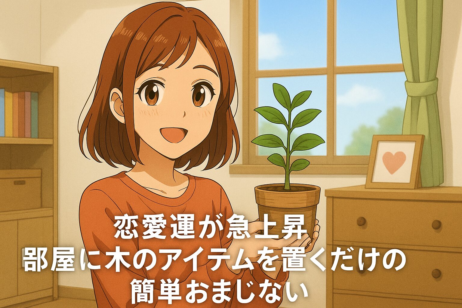 恋愛運アップのために木のアイテムを部屋に置くおまじないを紹介する女性。観葉植物を持って笑顔で立つ女性の背景には明るい部屋とハートの写真立てが映る。