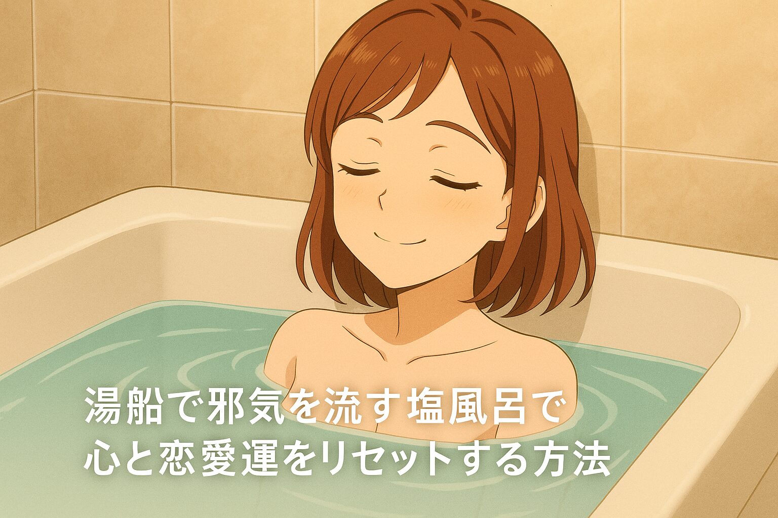 湯船に浸かりリラックスする女性。塩風呂で邪気を流し心と恋愛運をリセットする様子