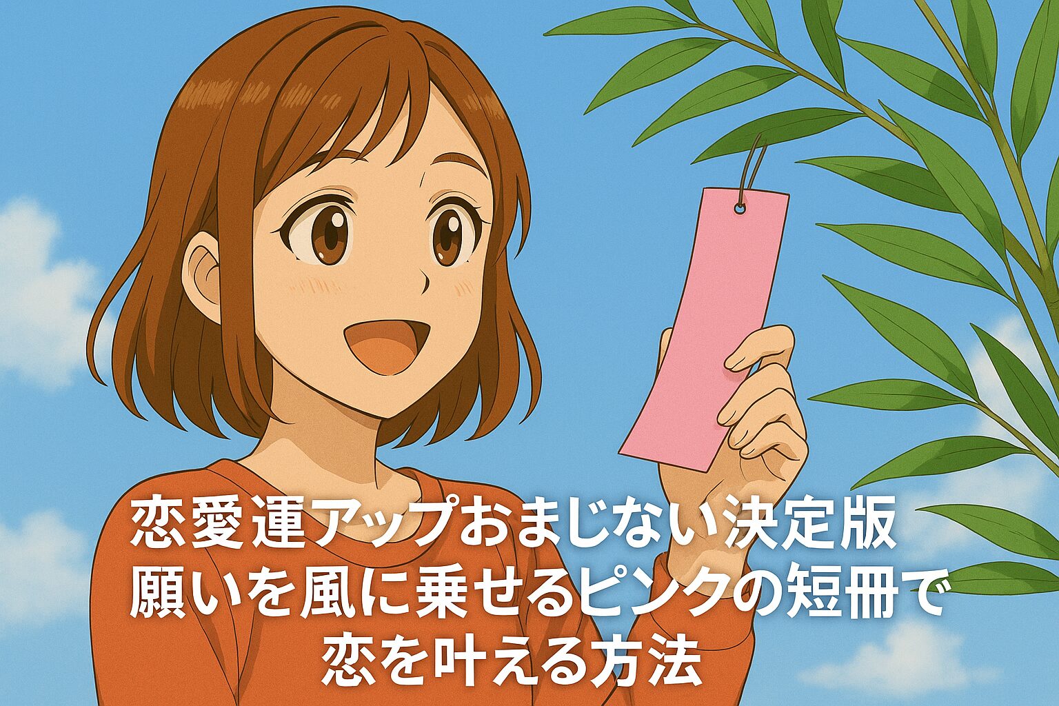 笑顔の女性がピンクの短冊を手に南東の木の枝に吊るそうとしている恋愛運アップのおまじないのイメージ