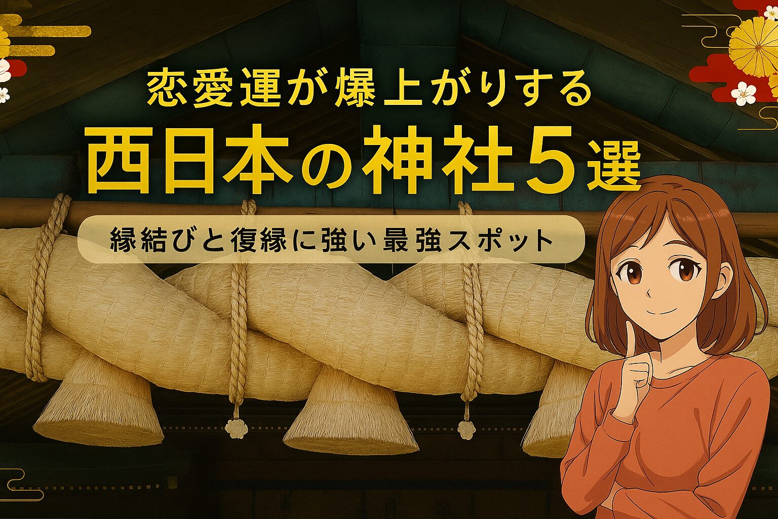 西日本の縁結び・復縁に強い神社5選を紹介するアイキャッチ画像。背景には出雲大社のしめ縄が写り、左側に大きなタイトルテキスト、右側に微笑むアニメ風の女性キャラクターが配置されている。