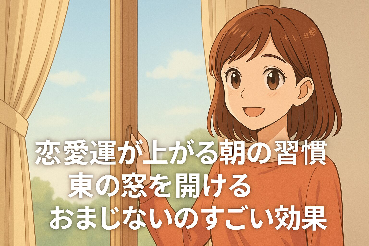 朝の光が差し込む東向きの窓を開ける笑顔の女性。明るいオレンジ色の服を着ており、背景には青空と緑の木々が広がっている。中央に『恋愛運が上がる朝の習慣 東の窓を開けるおまじないのすごい効果』という日本語テキストが配置されている。