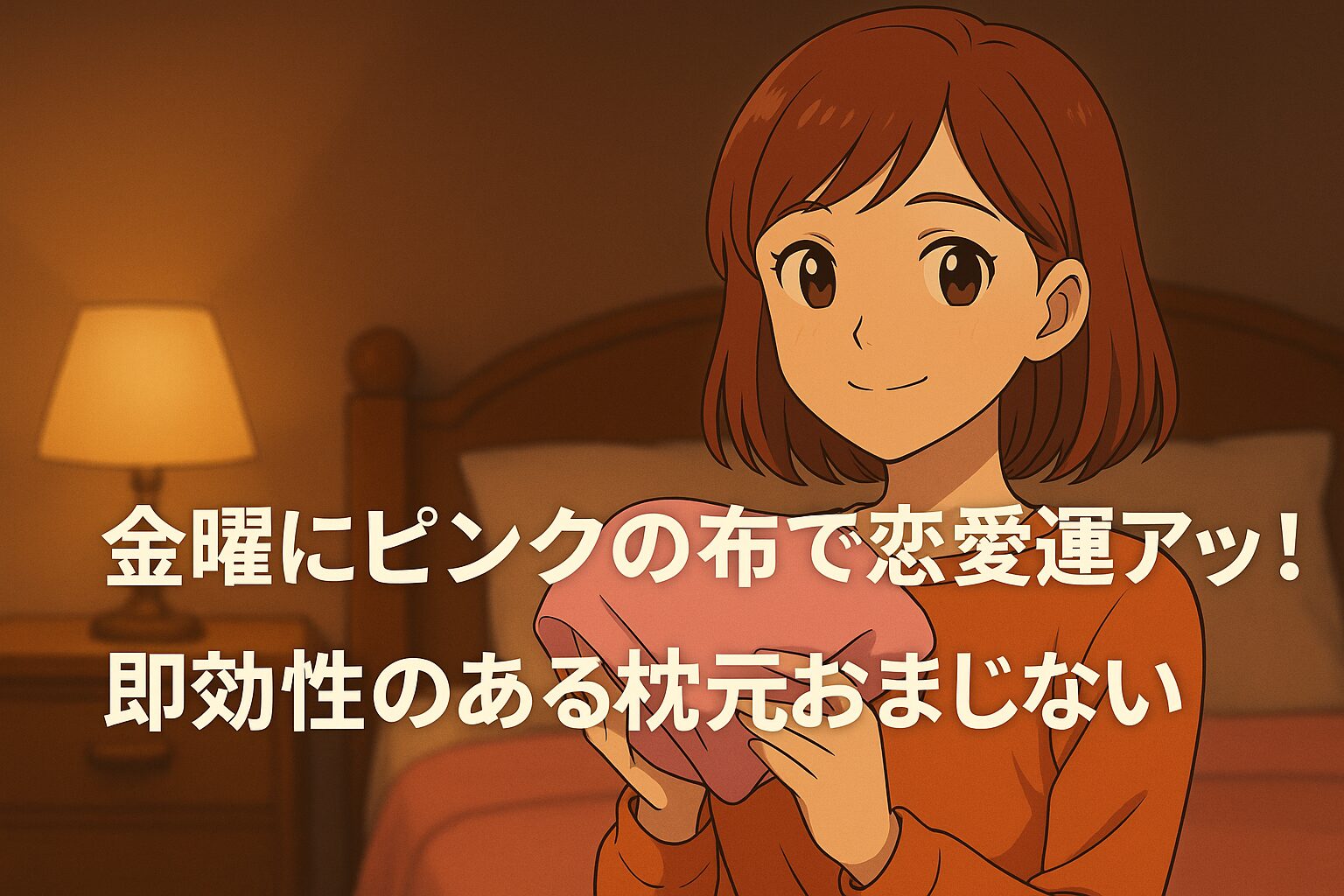 暖かい照明の寝室で、オレンジ色の服を着た若い女性が微笑みながらピンク色の布を両手で持っている。中央には『金曜にピンクの布で恋愛運アップ！即効性のある枕元おまじない』という白い文字が配置されている。