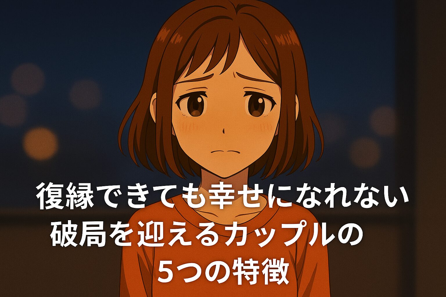 夜の背景の前で不安げな表情を浮かべるショートヘアの若い女性。画像中央に『復縁できても幸せになれない 破局を迎えるカップルの5つの特徴』という日本語のタイトルテキストが小さく配置されている。