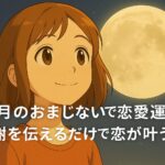女の子が満月を見上げてやさしく微笑む夜のイラスト。背景には大きく輝く満月が描かれ、「満月のおまじないで恋愛運アップ 感謝を伝えるだけで恋が叶う方法」という白い文字が中央に配置されている。
