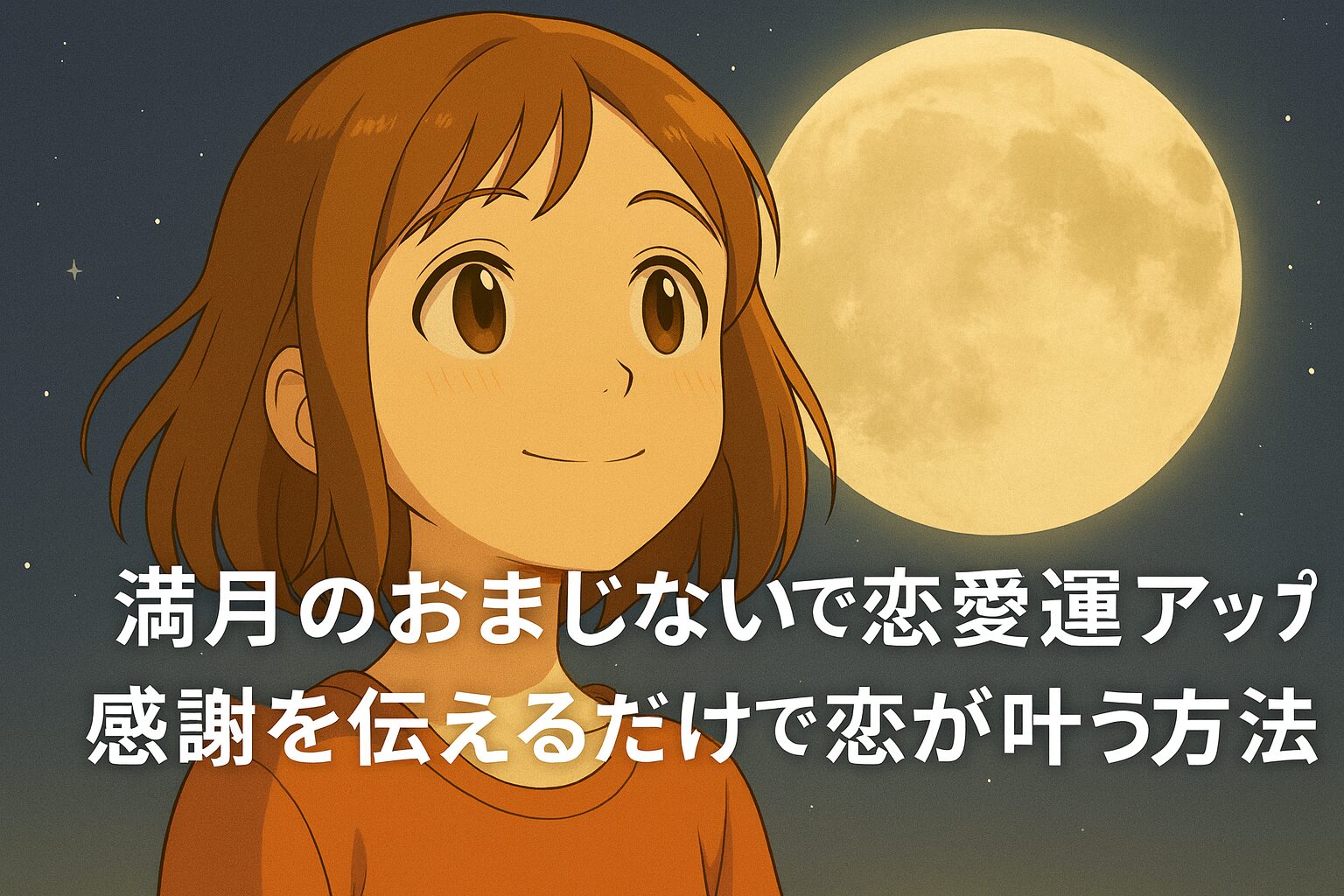 女の子が満月を見上げてやさしく微笑む夜のイラスト。背景には大きく輝く満月が描かれ、「満月のおまじないで恋愛運アップ 感謝を伝えるだけで恋が叶う方法」という白い文字が中央に配置されている。
