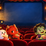 映画館でポップコーンを楽しむ、かわいいおばけ、赤い悪魔、緑色のゾンビ、白い着物の幽霊たち