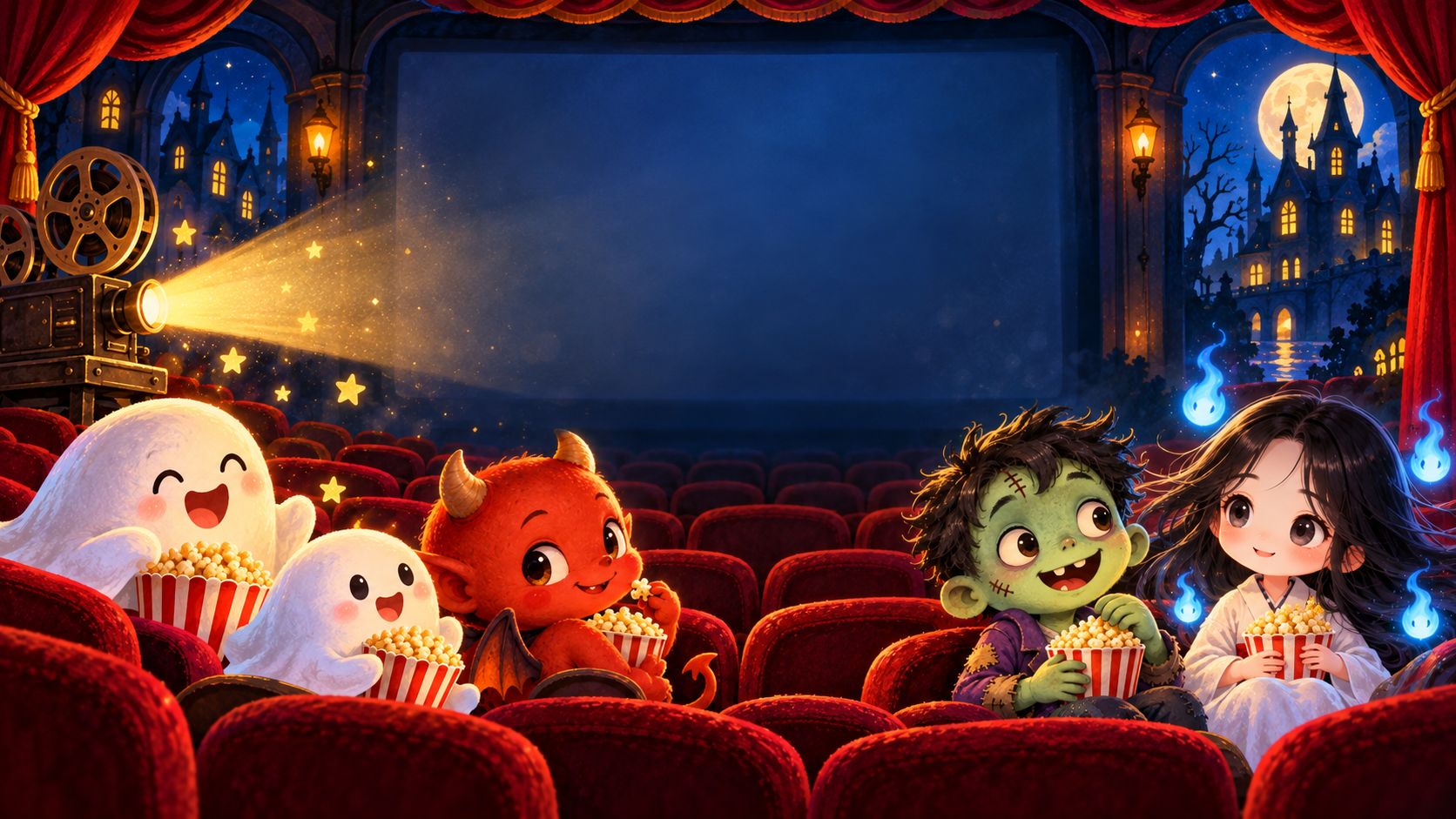 映画館でポップコーンを楽しむ、かわいいおばけ、赤い悪魔、緑色のゾンビ、白い着物の幽霊たち