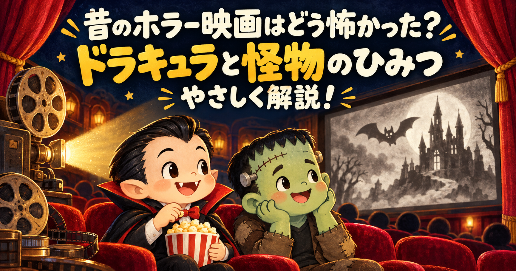 昔のホラー映画はどう怖かった？ 古い映写機のある映画館で、白黒映画を楽しむかわいいドラキュラと怪物のイラスト