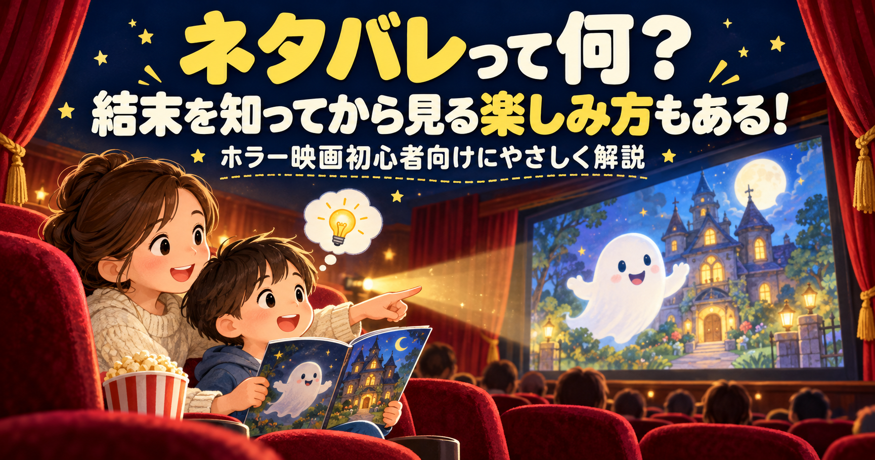 ネタバレって何？ 映画館で解説本を開き、スクリーンのかわいいおばけを楽しむ親子のイラスト