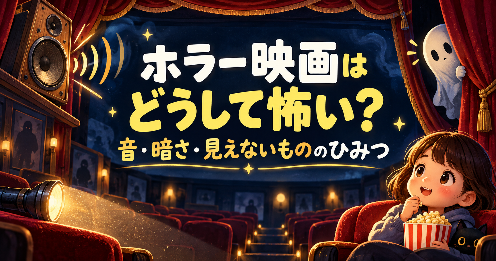 ホラー映画はどうして怖い？ 音・暗さ・見えないもののひみつを、スピーカーや懐中電灯、かわいいおばけで表現したイラスト