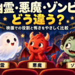 幽霊・悪魔・ゾンビはどう違う？ 映画館に並ぶ白い幽霊、赤い悪魔、緑色のゾンビを描いた比較イラスト