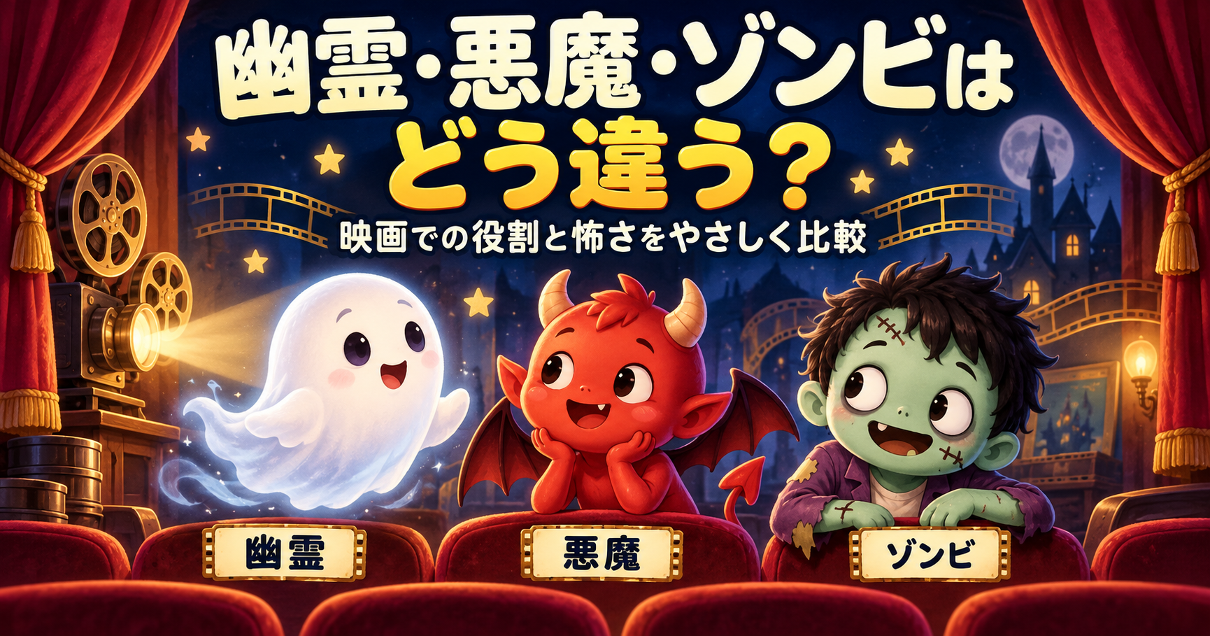 幽霊・悪魔・ゾンビはどう違う？ 映画館に並ぶ白い幽霊、赤い悪魔、緑色のゾンビを描いた比較イラスト