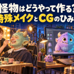 怪物はどうやって作る？ 特殊メイクを施すスタッフと、パソコンでかわいい怪物のCGを制作するスタッフのイラスト