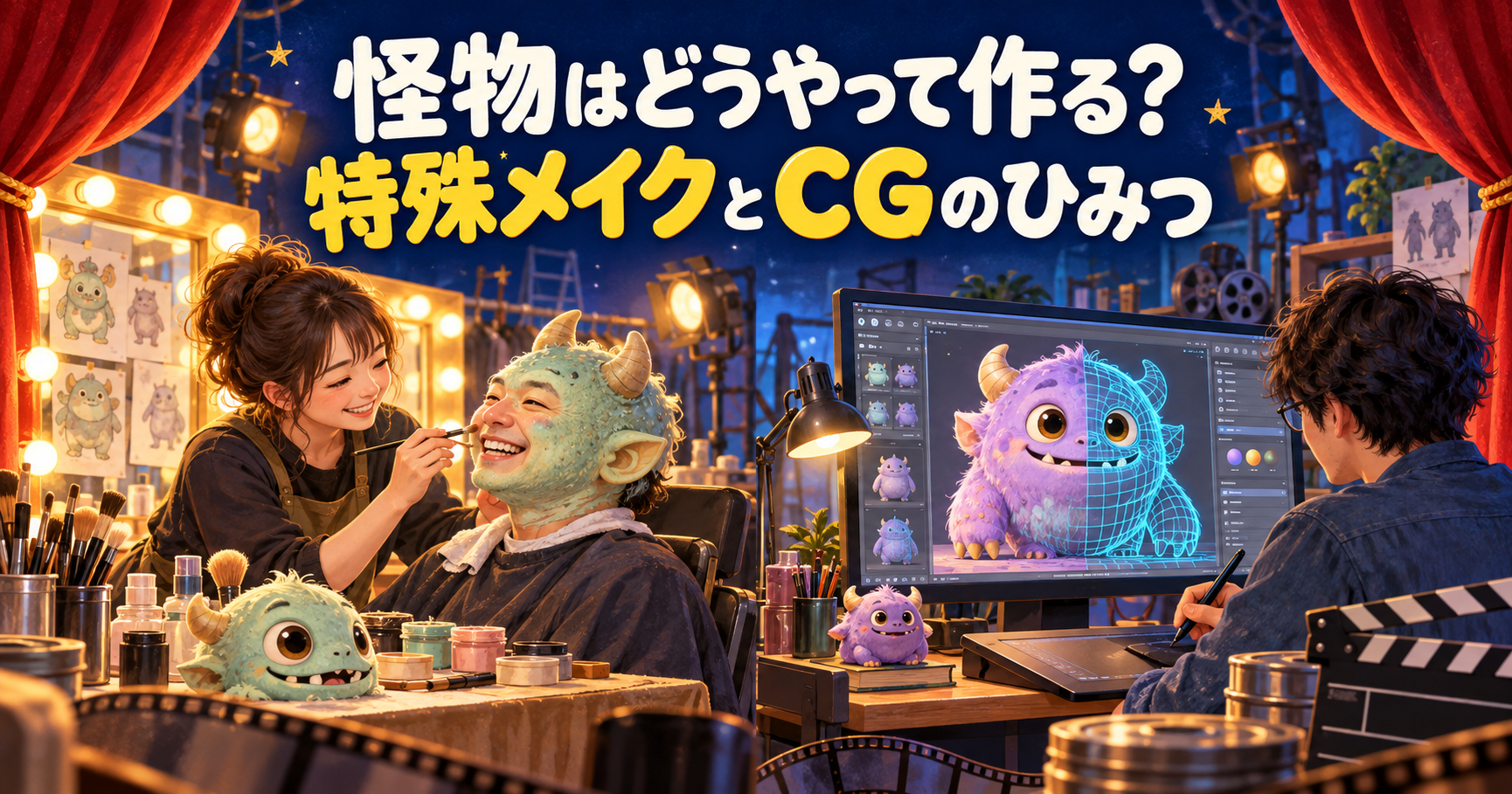 怪物はどうやって作る？ 特殊メイクを施すスタッフと、パソコンでかわいい怪物のCGを制作するスタッフのイラスト