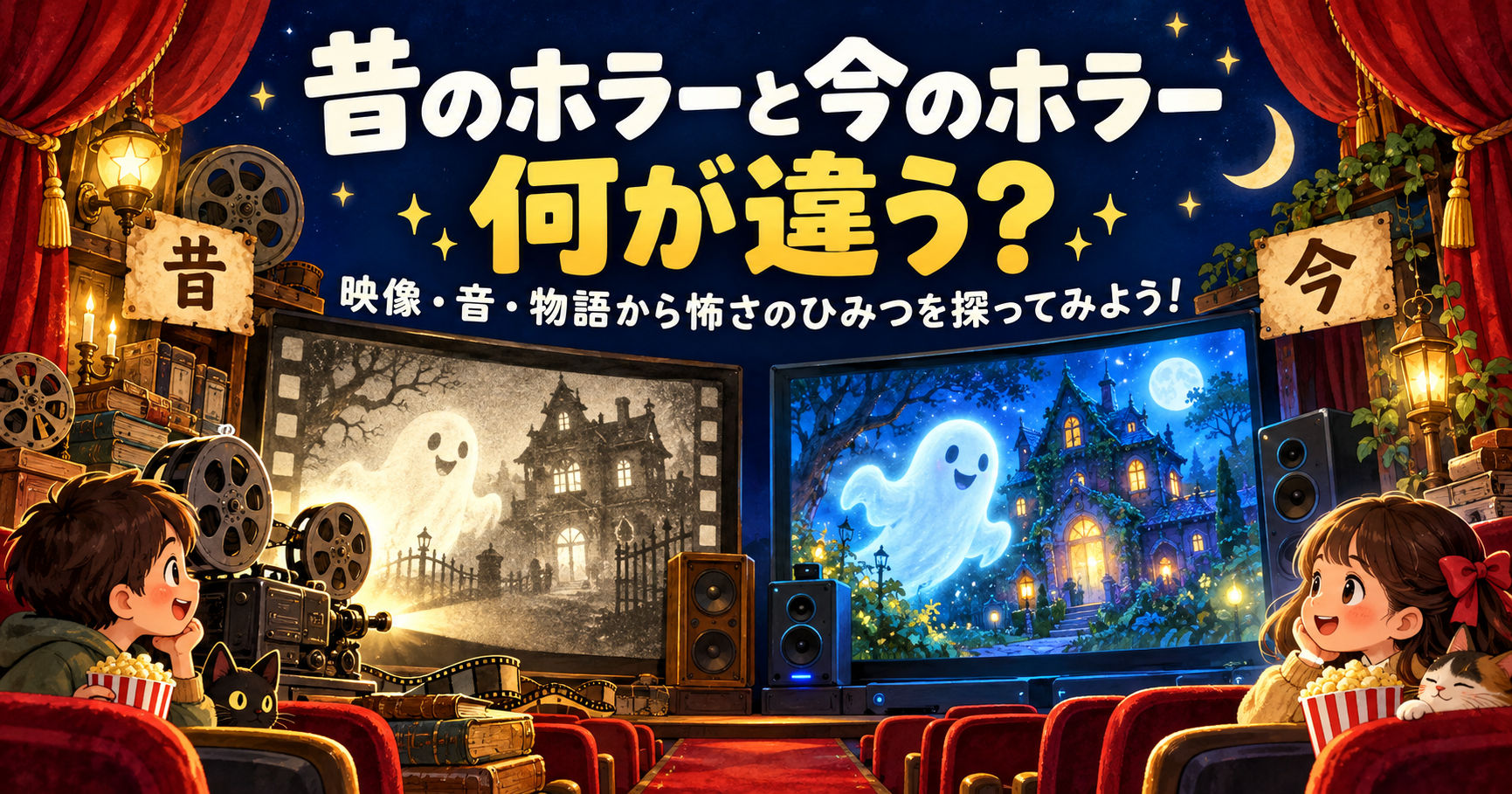 昔のホラーと今のホラー、何が違う？ 白黒とカラーのおばけ映画を見比べる子供たちのイラスト