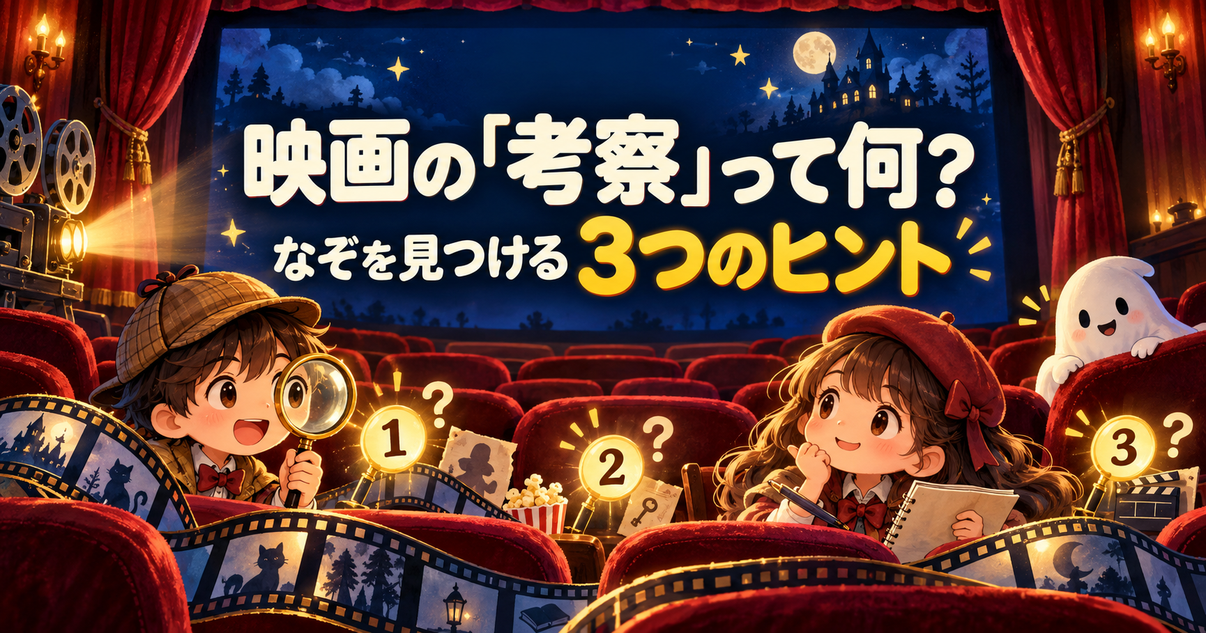 映画の「考察」って何？ なぞを見つける３つのヒント。映画館で虫眼鏡とノートを使ってなぞを探す子供たちと、かわいいおばけのイラスト