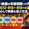 G・PG12・R15+・R18+の年齢区分と、映画の案内を読む親子、かわいいおばけのイラスト