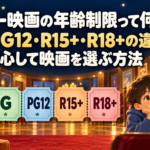 G・PG12・R15+・R18+の年齢区分と、映画の案内を読む親子、かわいいおばけのイラスト