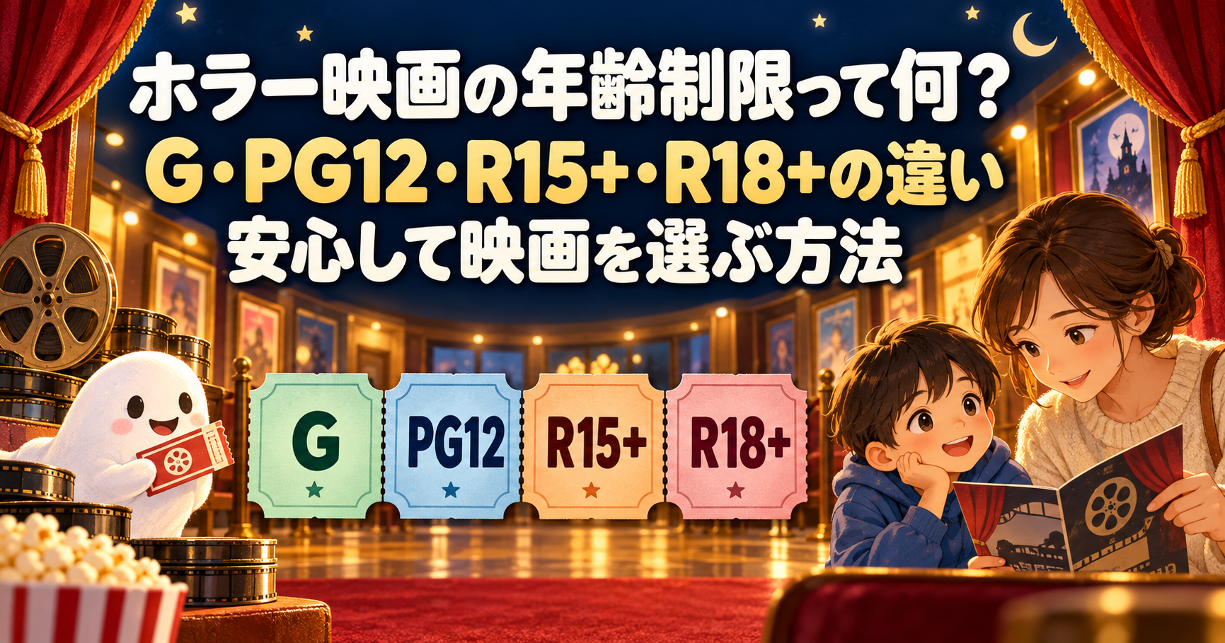 G・PG12・R15+・R18+の年齢区分と、映画の案内を読む親子、かわいいおばけのイラスト