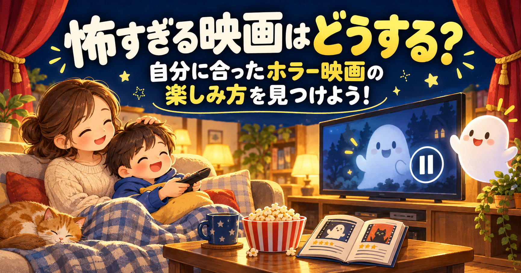 明るい部屋でホラー映画を一時停止し、笑顔でひと休みする親子とかわいいおばけのイラスト